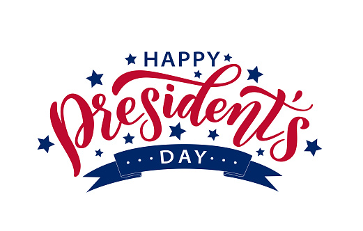 Happy Presidents Day with stars and ribbon. Vector illustration Hand drawn text lettering for Presidents day in USA. Script. Calligraphic design for print greetings card, sale banner, poster. Colorful