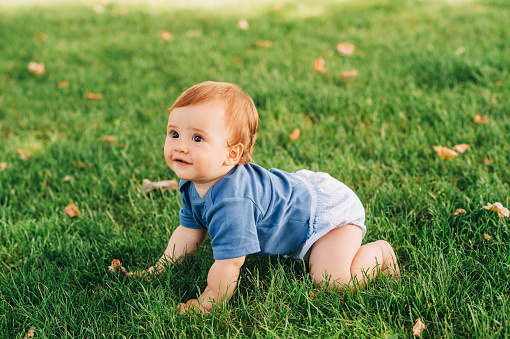 Adorable red haired baby boy crawling on fresh green grass in summer park