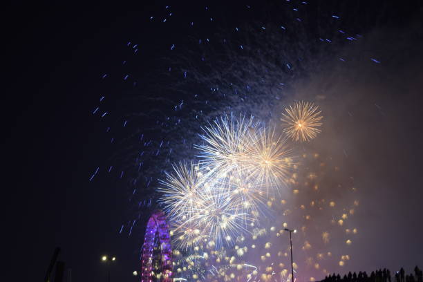 london 2019 nye firework display - firework display pyrotechnics london england silhouette imagens e fotografias de stock