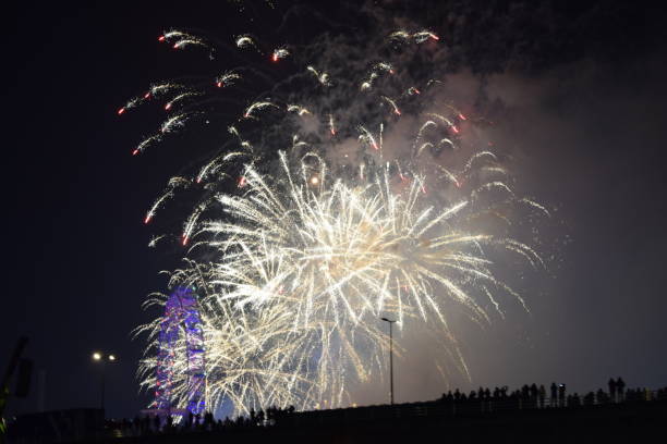 london 2019 nye firework display - firework display pyrotechnics london england silhouette imagens e fotografias de stock