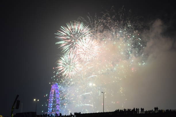 london 2019 nye firework display - firework display pyrotechnics london england silhouette imagens e fotografias de stock