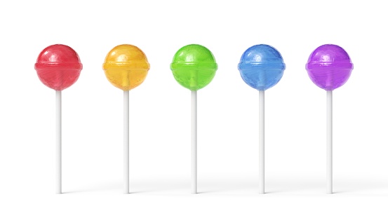 Set of five colorful sweet lollipops isolated on white background. Round candies on stick. 3d rendering
