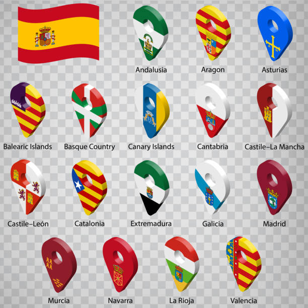스페인의 자치 공동체의 열일곱 플래그 - 이름과 알파벳 순서.  스페인의 국기 땅과 같은 3d 지리적 위치 표지판의 집합입니다. 디자인, 로고에 대한 열일곱 3d 지리적 위치 표지판. eps10. - murcia stock illustrations