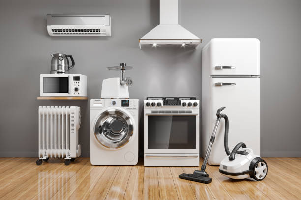 set de electrodomésticos de cocina en la habitación en el fondo de la pared. - small appliance fotografías e imágenes de stock