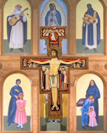 Santa Fe, New Mexico, USA - November 11, 2019: San Damiano Crucifix of the historic Saint Francis Cathedral on Cathedral Place in the historic district of Santa Fe