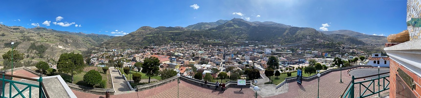Alausi, Ecuador - December 17, 2019: Panorama of downtown Alausi, Ecuador from the San Pedro hilltop on the edge of town.