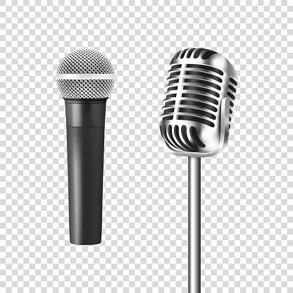 Vector 3d Realistic Steel Silver Retro Concert Vocal Stage Microphone Icon Set Closeup Isolated on Transparent Background. Design Template of Vintage Classic Karaoke Metal Mic. Front view.
