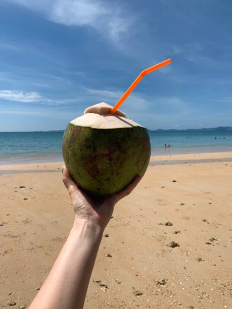 istock Hand with fresh coconut drink on the beach 1196986315
