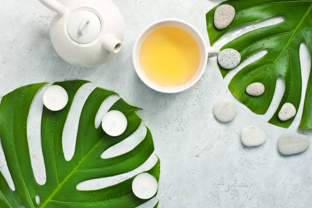 Oriental style  teapot on light   background with green monstera
