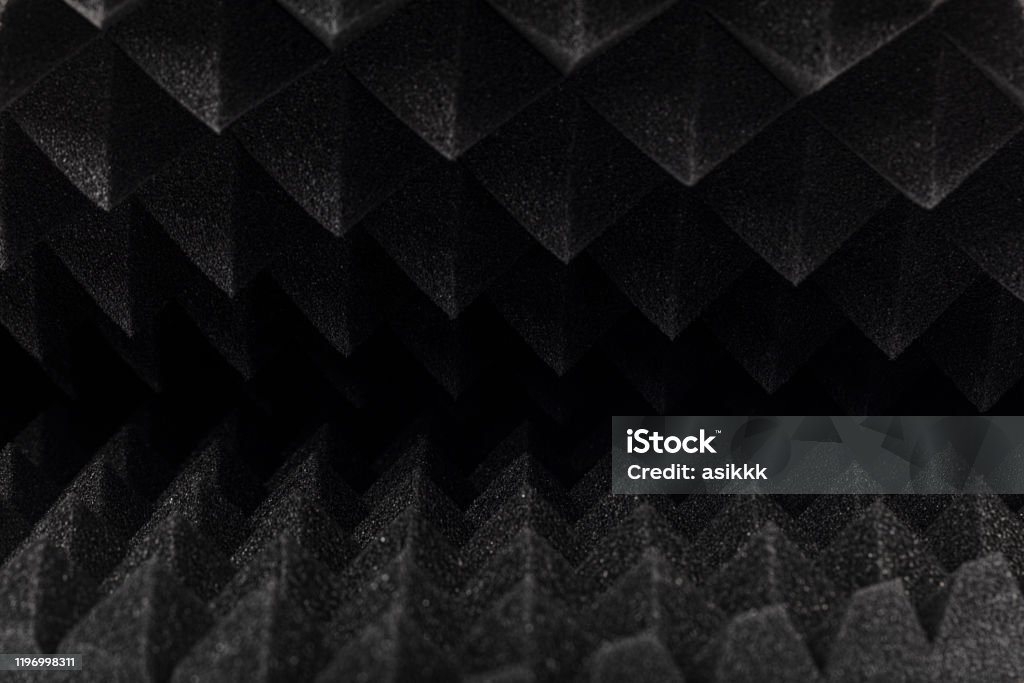 Sound Proof Acoustic Black Gray Foam Absorbing Pyramid Style Padding Layer  Panel For Voice Recording Studio Attach On Wall As Wallpaper Background To  Reduce And Protect Sound To Outside Room Stock Photo -