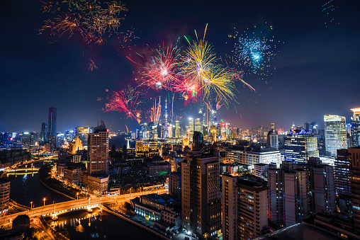 Night view of fireworks in Shanghai, China.