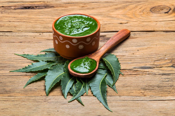 istock Medicinal Neem leaves with paste on wooden background 1197003655