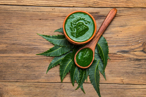 istock Medicinal Neem leaves with paste on wooden background 1197005445