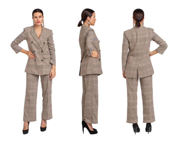 istock Businesswoman in gray chequer suit posing front, side, back view, isolated on white 1197006185