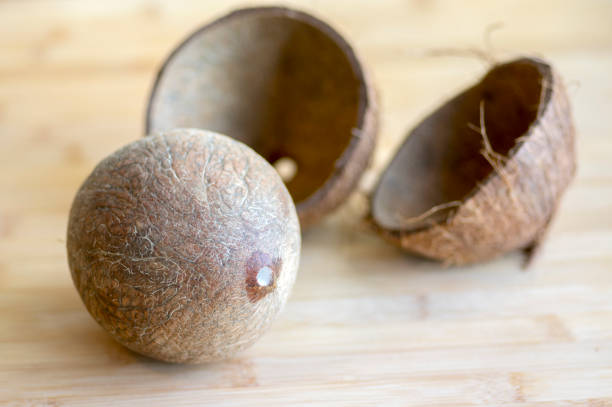 Full coconut with nutshells on wooden bambo table
