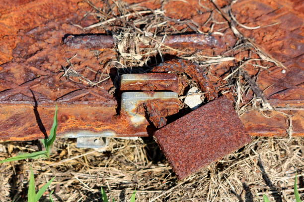 Very old completely rusted large padlock locking strong manhole cover surrounded with dry and fresh green grass