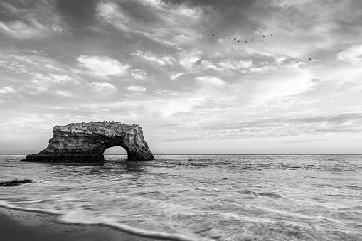 Monochrome sunset view of the Natural Bridges mudstone formation that is carved by the Pacific Ocean into cliffs that jutted out into the sea.

Taken in Santa Cruz, California, USA