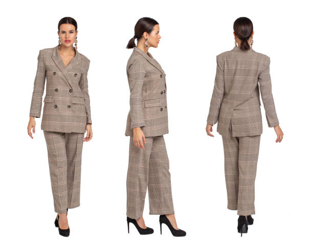 istock Businesswoman in gray chequer suit walking front, side, back view, isolated on white 1197008545
