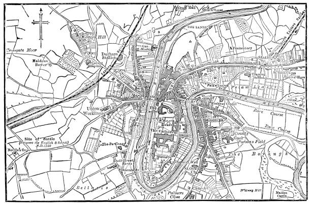 ilustraciones, imágenes clip art, dibujos animados e iconos de stock de mapa antiguo de durham, inglaterra - siglo xix - river wear illustrations