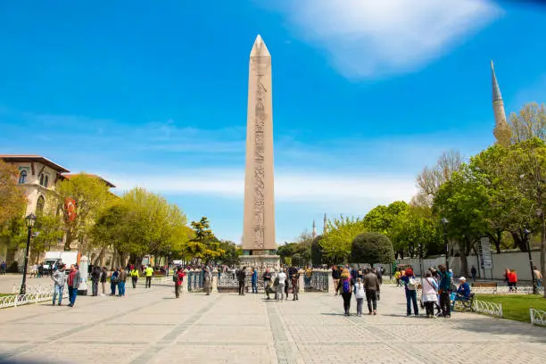 Photo of Obelisk of Theodosius (Dikilitas) with hieroglyphs in Sultanahmet Square, Istanbul, Turkey. Ancient Egyptian obelisk in Istanbul City of Turkey