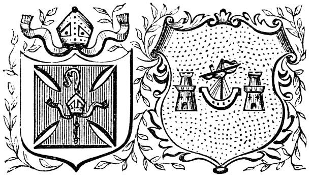 ilustraciones, imágenes clip art, dibujos animados e iconos de stock de escudo de armas de la ciudad y sede de corcho - siglo xix - republic of ireland irish culture old ancient