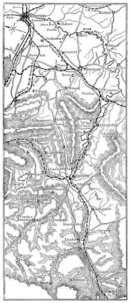 ilustrações, clipart, desenhos animados e ícones de mapa antigo do rio dee em wales - 19o século - dee river illustrations