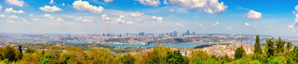 panoramic view of the istanbul city of turkey and clouds with bosphorus bridge at marmara sea in sunny day and blue sky - ortakoy mosque imagens e fotografias de stock