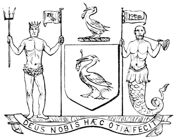 Coat of Arms of the City of Liverpool - 19th Century Coat of Arms of the city of Liverpool. Vintage etching circa mid 19th century. triton greek god stock illustrations