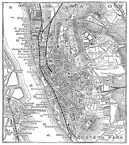 Antique Map of Liverpool, England - 19th Century Vintage map showing the city of Liverpool in Merseyside, England, Uk. Vintage etching circa 19th century. river mersey northwest england stock illustrations