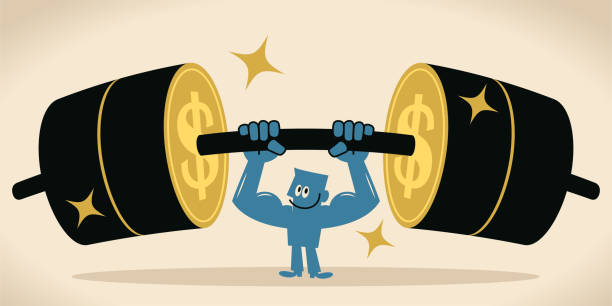 Businessman with strong arms weightlifting (lifting up) dollar sign Blue Little Guy Characters Full Length Vector art illustration.Copy Space.
Businessman with strong arms weightlifting (lifting up) dollar sign. Barbell stock illustrations