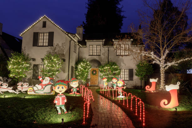 Christmas décor on a house in Palo Alto California USA. Palo Alto, California - November 29, 2019: Christmas décor on a house. rudolph the red nosed reindeer photos stock pictures, royalty-free photos & images
