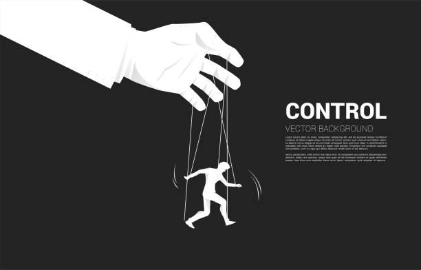 Puppet Master controlling Silhouette of businessman. Concept of manipulation and micromanagement exploitation stock illustrations