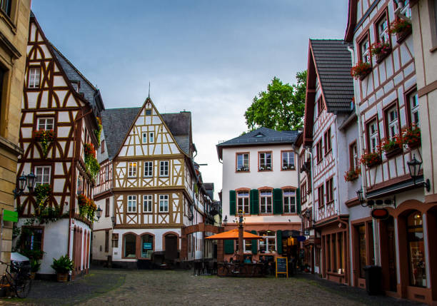 Old architecture houses in the center of Mainz, Germany stock photo