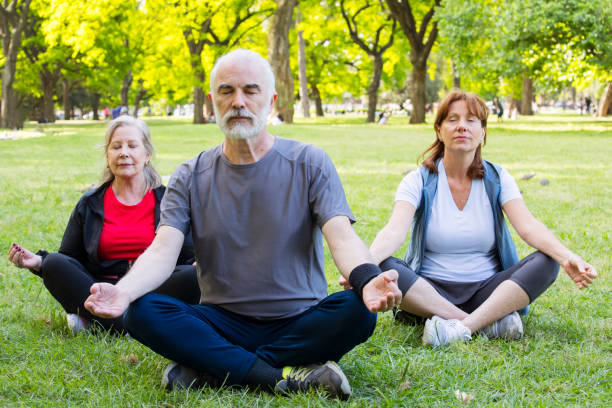 istock Three Senior adults meditating at the park 1197027206