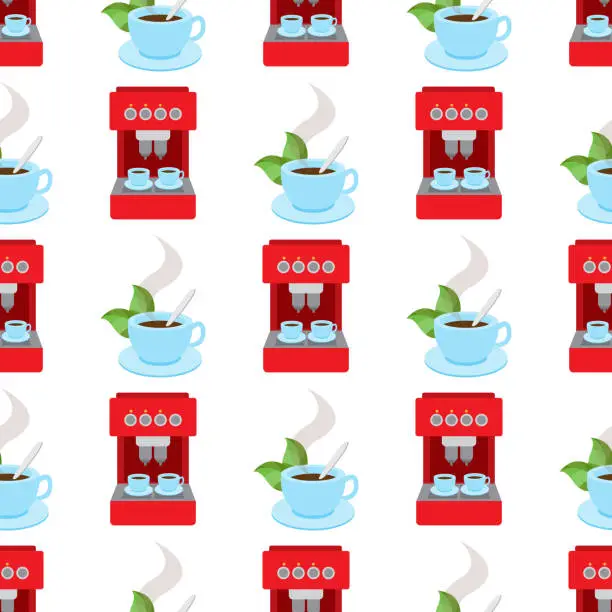 Vector illustration of Seamless pattern with illustrations on the theme of coffee. A cup of hot coffee or tea and coffee maker