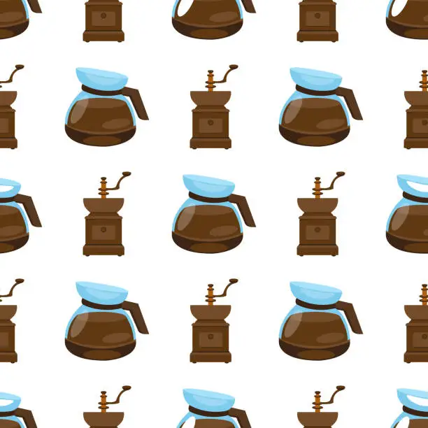 Vector illustration of Seamless pattern with illustrations on the theme of coffee. Old coffee grinder and teapot