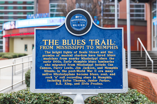 Memphis, TN / USA - December 28, 2109: The Blue Trail marker in downtown Memphis, TN