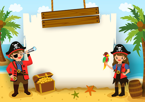 Illustration vector of boy and girl pirate with map frame on beach background.