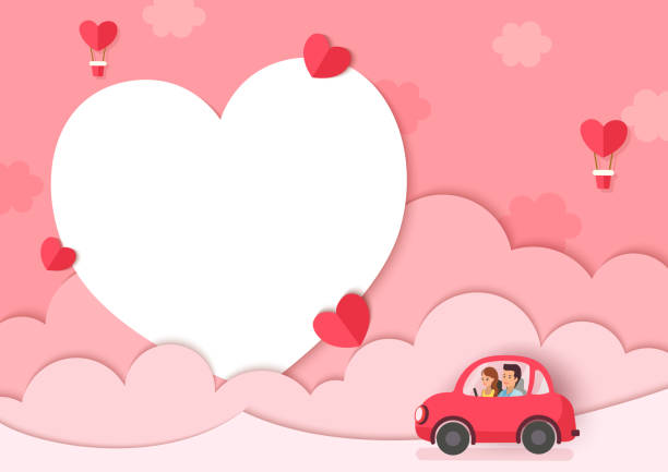 valentine lover on car Illustration of lover on car with pink background and heart frame boyfriend stock illustrations