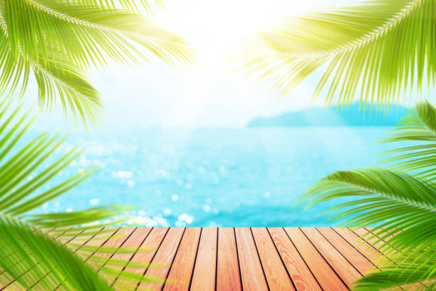 istock Blur tropical beach with bokeh sun light wave and palm tree on copy space empty old wood table abstract background. 1197044145