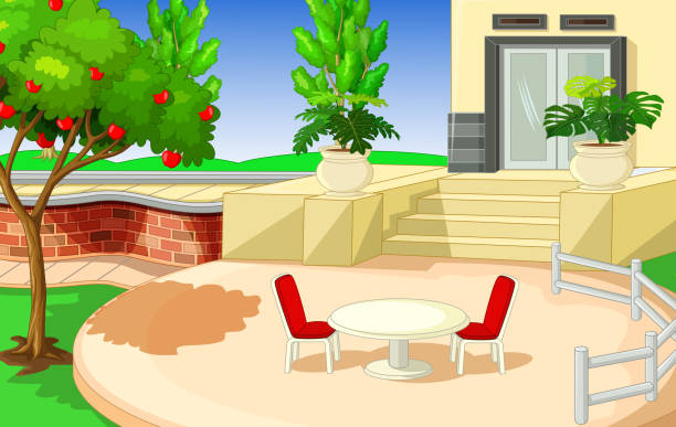 cool back yard haus mit tisch, stuhl und apfelbaum cartoon - flower sketch yard front or back yard stock-grafiken, -clipart, -cartoons und -symbole