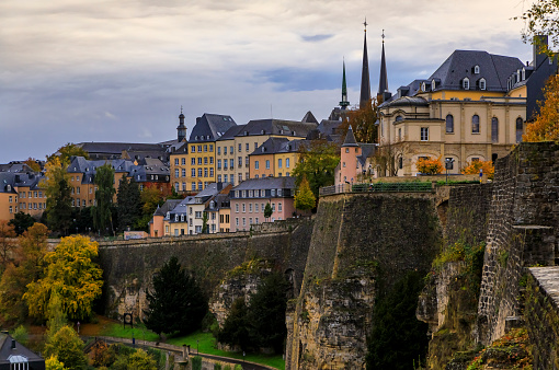 Bird's eye aerial view of the old town of Luxembourg, UNESCO World Heritage Site, with its Old Quarters, Fortifications and the ancient city wall