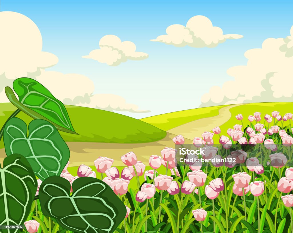 Beautiful Pink Flower In Grass Field Hill Landscape View Cartoon Stock  Illustration - Download Image Now - iStock