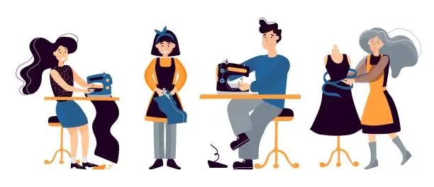 Vector illustration of Vector illustration people sew in workshop clothes on a black dark background. The blonde sews on a typewriter, the red-haired girl cuts the fabric, the gray-haired man sews on the typewriter, the red-haired woman creates a dress.