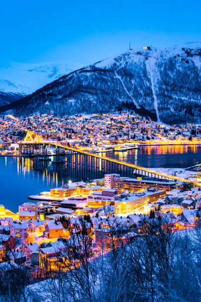 Amazing city view of Tromso City lights early morning Norwegian architecture Scandinavian landscape Northern Europe