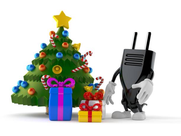 istock Electric plug character with christmas tree and gifts 1197052592