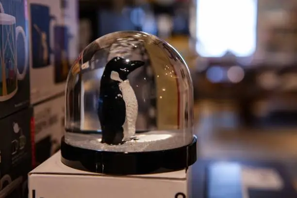 A close-up view of a festive snow globe with a penguin figurine inside, ornamental christmas decoration for sale in small local home wares store.