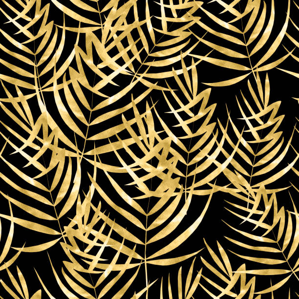istock Beautiful watercolor seamless pattern with gold tropical leaves. 1197057172