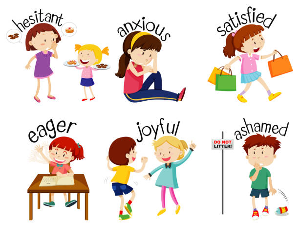 ilustrações de stock, clip art, desenhos animados e ícones de set of adjective words with children expressing their feelings - boyhood