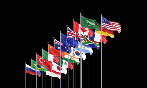illustrazione 3d. bandiere bandiere paesi membri gruppo dei venti. big g20 21-22 novembre 2020 nella capitale riyadh, arabia saudita. isolato sul nero. - argentina arabia saudita foto e immagini stock